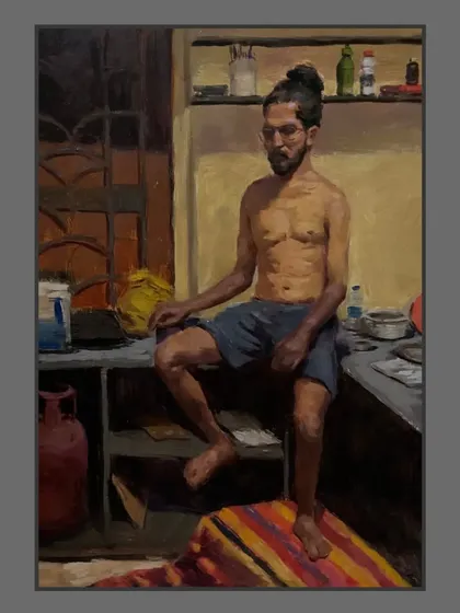 A slightly different view of the "Bachelor" painting, highlighting the textures and lighting in the scene.