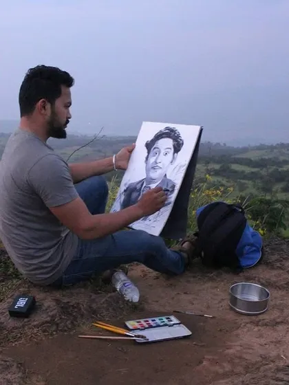 Painting a portrait of the legendary singer Kishore Kumar amidst nature. This is my tribute to him on his birth anniversary.