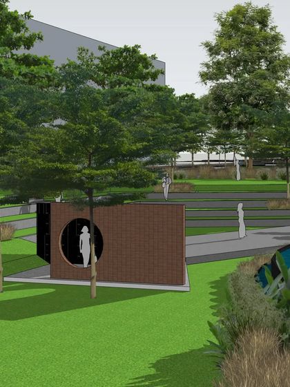 A concept for an amphitheater next to a pond, perfect for evening gatherings. The design uses gabion walls as a buffer for the stage and a grand staircase to welcome the workforce to the space.