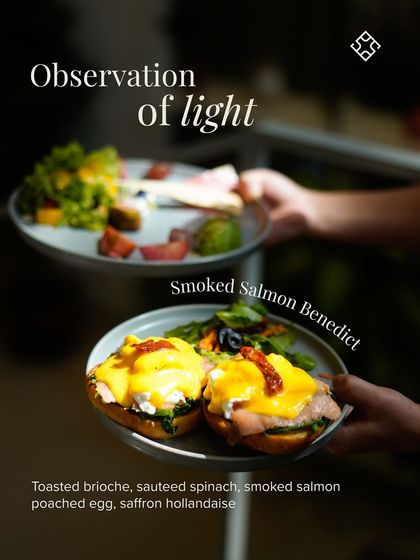 Weekend plans should include our Smoked Salmon Benedict. It's made with toasted brioche, sautéed spinach, smoked salmon, a poached egg, and a saffron hollandaise sauce.