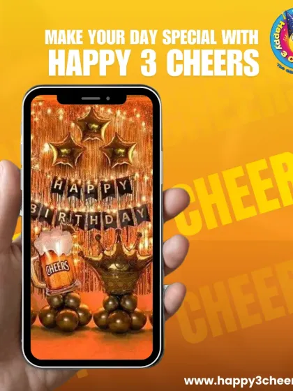 This graphic advertises my general birthday decoration services, showing a fun and bold black and gold theme with a crown and beer mug balloon sculpture, perfect for an adult's birthday.