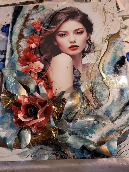 A beautiful 3D photo resin art piece featuring a portrait with a large, handmade rose. This is one of the advanced techniques I teach in my workshops.