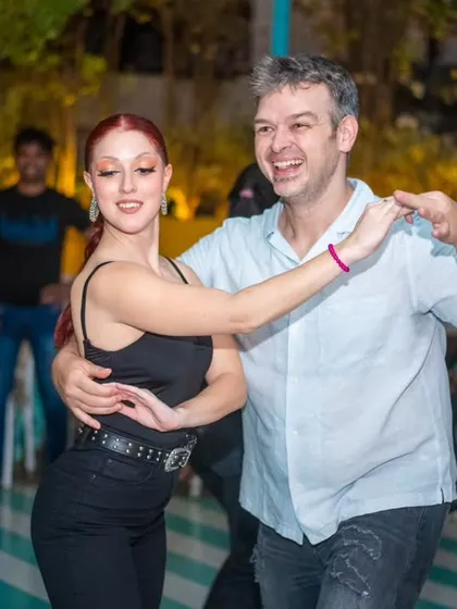 A fantastic moment between two skilled dancers. Our floor welcomes everyone, from beginners to seasoned pros like these.
