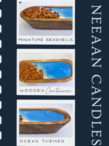 A collage showcasing our ocean-themed candles with miniature seashells in a wooden container.
