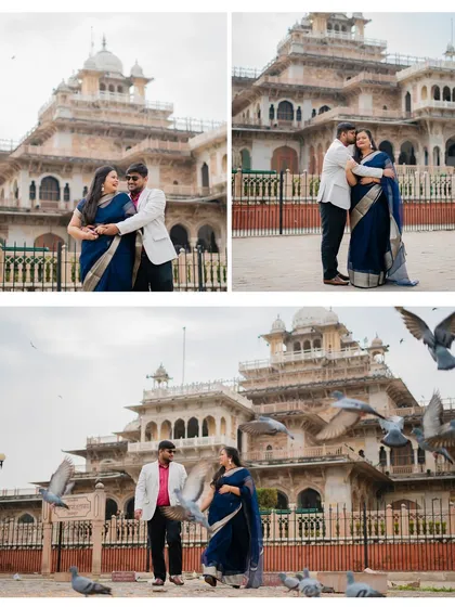 Aditya and Pallavi enjoying a walk in front of Albert Hall Museum, with pigeons adding a lively element to their candid pre-wedding photos.