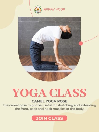 This graphic features Ustrasana (Camel Pose), explaining its benefits for stretching the front, back, and neck muscles of the body.