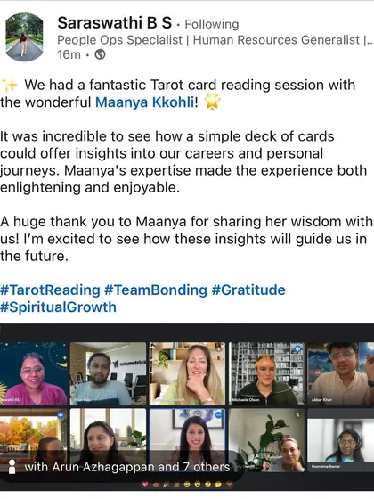 It was a pleasure to bring the world of Tarot to the wonderful team at Teikametrics. Seeing how these cards can offer profound insights for both career and personal journeys in a corporate setting is always so enlightening. A team bonding session with tarot can be a truly unique and connecting experience.