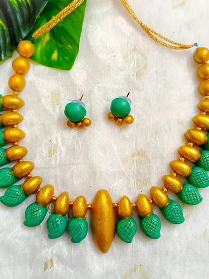 A duplicate image of the sea-green and gold choker.