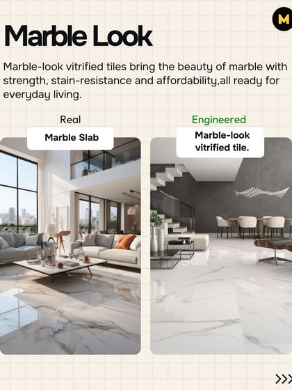 Here you can see the engineered marble-look vitrified tile on the right. It brings the beauty of marble but with added strength, stain resistance, and affordability for everyday living.