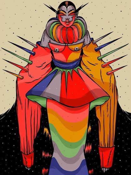 A full-body character design from the series, showcasing an extravagant, spiked outfit.