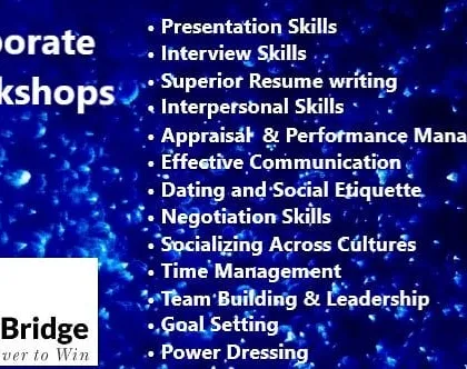 I offer a wide range of corporate workshops designed to elevate your professional skills. This overview shows the key areas we can focus on, from presentation and interview skills to negotiation and power dressing, to help you excel in the workplace.