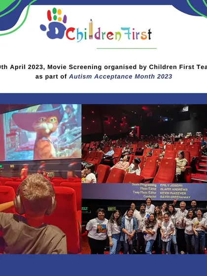 As part of Autism Acceptance Month, we organized a special movie screening for the community. This collage shows children enjoying the film in a comfortable setting and our team who made the inclusive event possible.