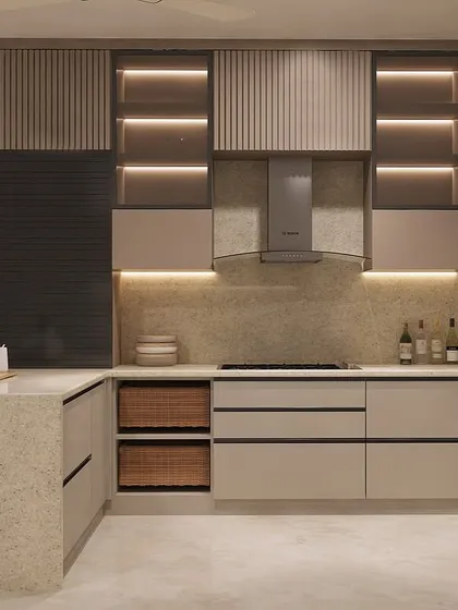 Functionality is key in our designs. This view highlights the custom storage solutions, including deep drawers for pots and pans, and integrated wicker baskets for storing fresh produce.