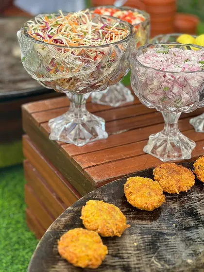 Our live chaat counter is always a hit. Here, we have all the fixings for delicious ragda pattice and other street food favorites.