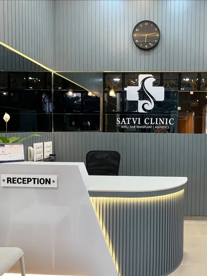A view of the reception at Satvi Skin Clinic. We have designed our clinic to be a clean, serene, and professional environment from the moment you arrive. Your comfort and confidence are our top priorities.