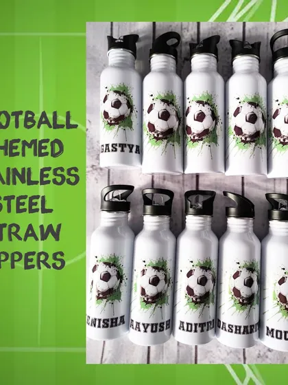 These football-themed stainless steel straw sippers are a stylish and sustainable gift. Each one is personalized with a name for the party guests.