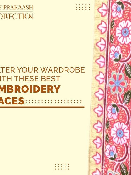 A close-up of a classic floral embroidery lace with red and blue motifs. This style of border is a versatile choice for decorating the edges of sarees, lehengas, and dupattas.