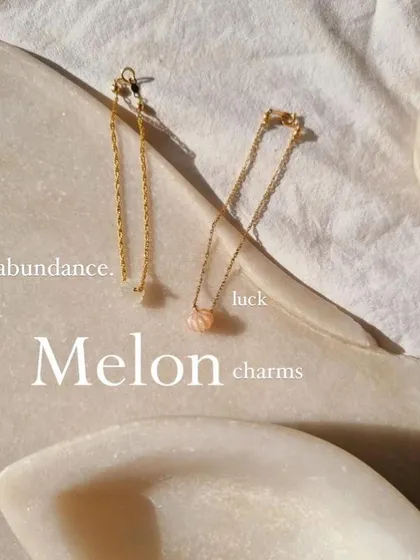 My melon charms, featuring moonstone for abundance and chrysoprase for creativity.