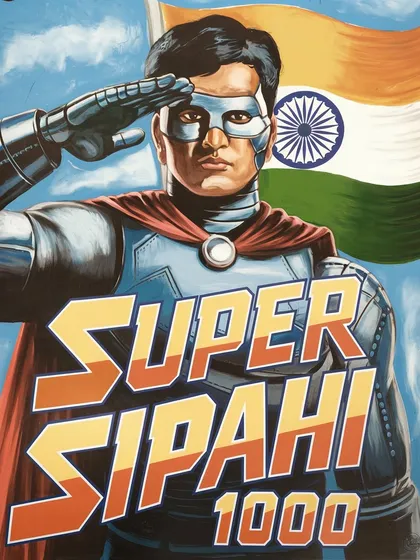 A patriotic superhero poster for 'Super Sipahi 1000'. This series imagines the kinds of superheroes that might exist in an alternate Indian cinematic universe.