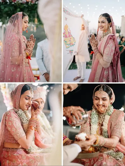 A collage showcasing the bride's journey through her wedding ceremony, capturing her grace, her smiles, and her devotion.