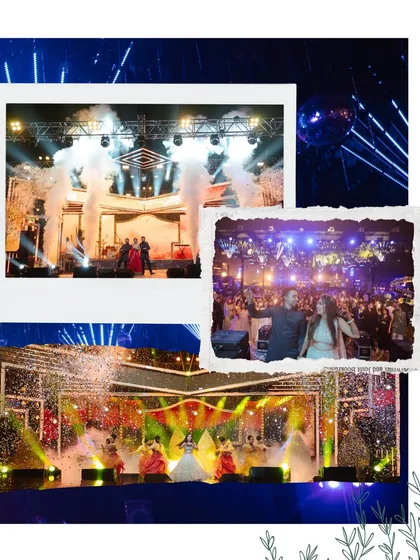 A collage capturing the electrifying energy of a Sangeet night. With professional stage lighting, CO2 jets, and confetti, I transform the dance floor into a concert-like experience.