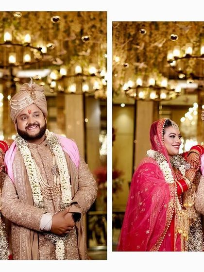 A candid diptych of a wedding couple, sharing a happy moment at their beautifully decorated venue.
