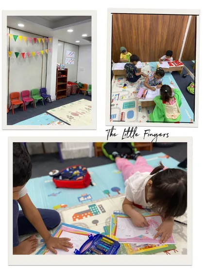 A glimpse into our Little Fingers classroom. This collage shows our bright, welcoming space and children focused on their musical art projects on the floor.