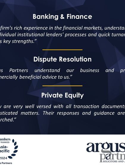 Client testimonials from Chambers Asia-Pacific 2024 praising our expertise in Banking & Finance, Dispute Resolution, and Private Equity.