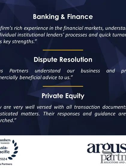 Client testimonials from Chambers Asia-Pacific 2024 praising our expertise in Banking & Finance, Dispute Resolution, and Private Equity.