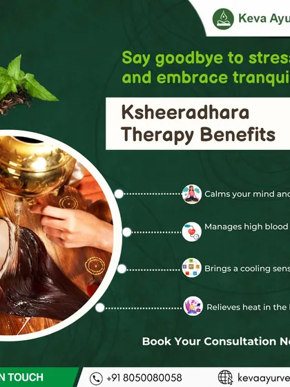 Experience deep tranquility with Ksheeradhara therapy. This gentle treatment, involving a continuous stream of medicated milk on the forehead, is excellent for calming the mind, managing high blood pressure, and relieving stress.