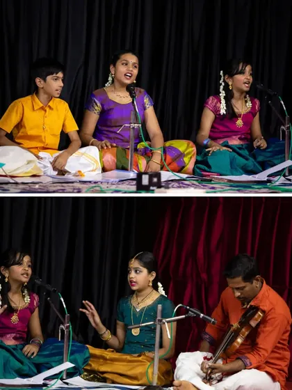 A wonderful view of our students performing with a violinist. Learning to sing with live instruments helps develop a deeper understanding of melody and rhythm, a skill we prioritize for all our kuttis.
