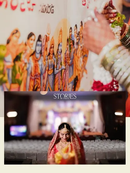 A collage that blends tradition and emotion. The top image shows the 'jeelakarra bellam' ritual from a South Indian wedding, while the bottom shows the bride's serene expression as she sits in the mandap.
