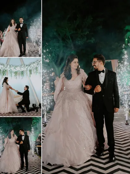 From the grand entrance with cold pyro fireworks to the quiet moment of a proposal, we capture the entire narrative of your engagement night. This collage showcases the blend of spectacular and intimate moments.