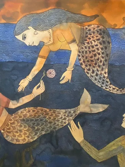 A closer look at the enchanting scene by Badri Narayan. The artist's use of watercolour creates a fluid, dreamlike world inhabited by mythological figures like these mermaids, a common theme in his later works.
