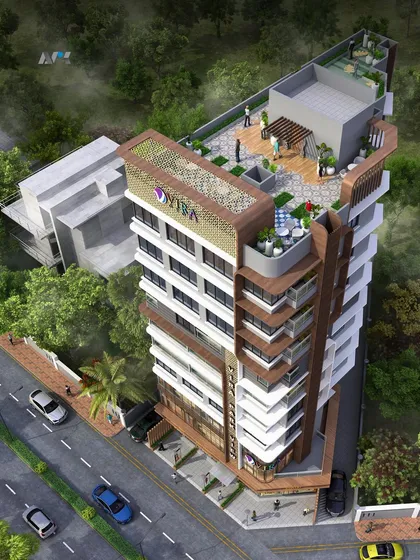 An aerial perspective of Vira Park View. This view showcases the rooftop amenities and the building's relationship with its urban surroundings in Vile Parle.