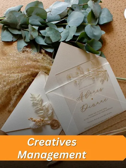 Creatives Management: We manage the design and production of all wedding stationery, including elegant invitations, save-the-dates, and on-day signage that aligns with your wedding theme.