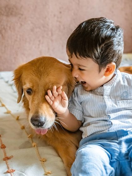 "Let me tell you a secret." Krishiv shares a giggle with his very patient Golden Retriever. Capturing the playful interactions and pure joy of a child growing up with dogs is what these family sessions are all about.