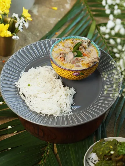 On a rainy day, nothing is more comforting than our peppery Nasrani Stew paired with soft, lacy Idiyappam (string hoppers). This creamy, coconut milk-based stew is a classic from Kerala's Syrian Christian kitchens, offering pure, heart-warming flavours.