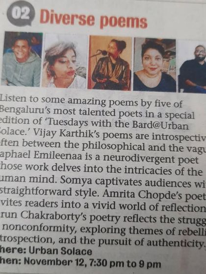 "Diverse poems" at Urban Solace. This newspaper feature highlights the unique voices and themes explored by five poets at our 15-year anniversary celebration.