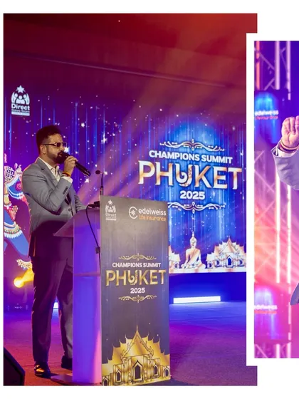 On stage at the Champions Summit 2025 in Phuket for Edelweiss Life Insurance. The grand stage production matched the scale of the event.