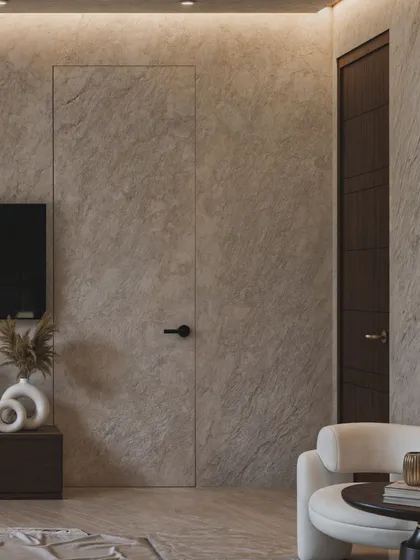 A minimalist detail, this render shows a flush door seamlessly integrated into a textured wall.