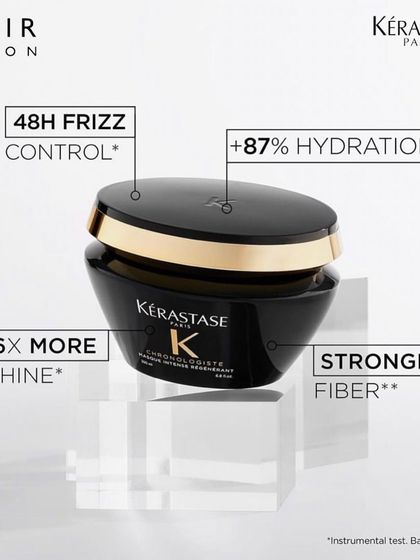 Indulge in the Kérastase Chronologiste Masque, the ultimate revitalizing treatment. It provides 48-hour frizz control, 87% more hydration, and 6 times more shine for stronger, healthier hair fiber.