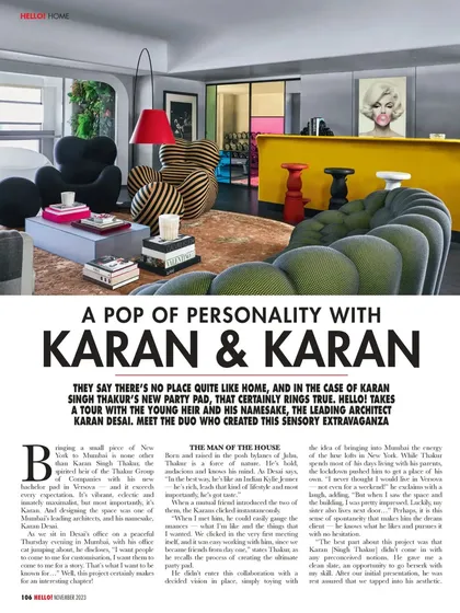 The Hello! Magazine feature on Project 86, which they called a "sensory extravaganza." This spread showcases the bold, personality-driven design of the living and bar area.