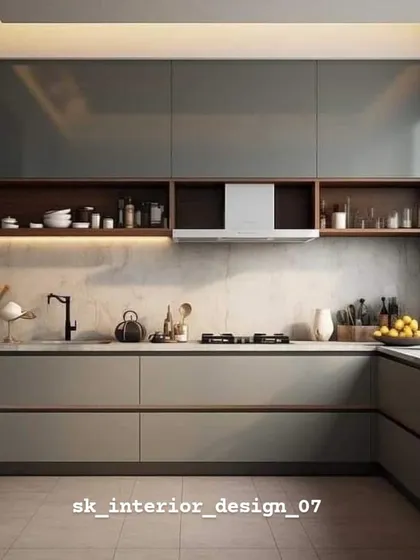 A sophisticated kitchen with dark grey glossy upper cabinets and lighter grey lower cabinets. The open wooden shelving provides a warm contrast and space for everyday items.