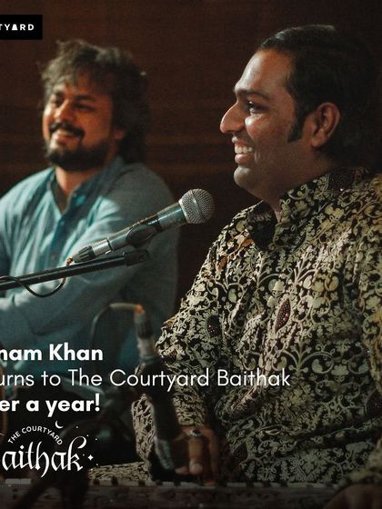 A promotional graphic for Sanam Khan's return to the Courtyard Baithak.