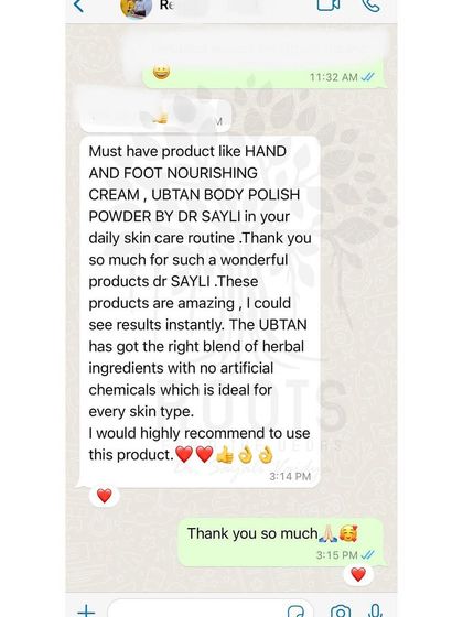 "Must have product." This client loves the instant results from my Ubtan Body Polish Powder and Hand and Foot Nourishing Cream, highlighting the right blend of herbal ingredients.
