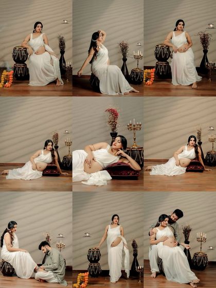 This collage presents a variety of poses from a single traditional maternity session. It highlights different angles, including solo portraits, couple interactions, and artistic shots, all centered around the elegant white saree theme.
