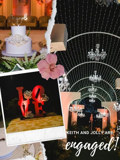 A collage showcasing the romantic details of Keith and Jolly's engagement. You can see the custom "LOVE" sign, the beautiful cake, and the grand entrance tunnel decorated with chandeliers and fairy lights.