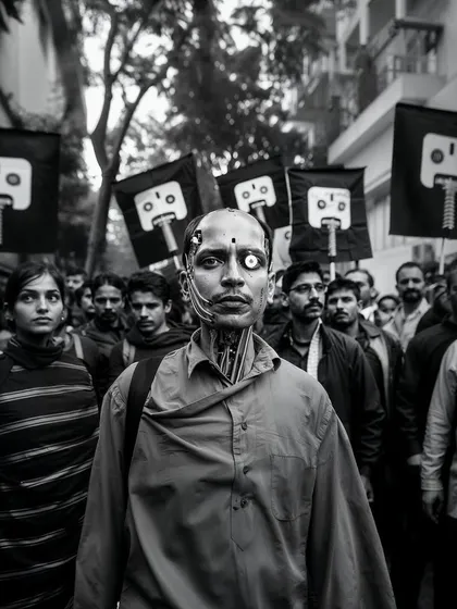 Another shot from the 'MekaMantri' concept, with a crowd of supporters and detractors. This series explores the political and personal struggles of a cyborg leader.