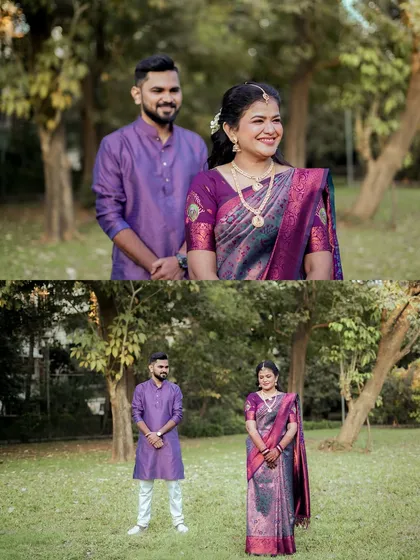 A set of outdoor portraits taken after the engagement ceremony, showing the newly engaged couple in a serene park setting.